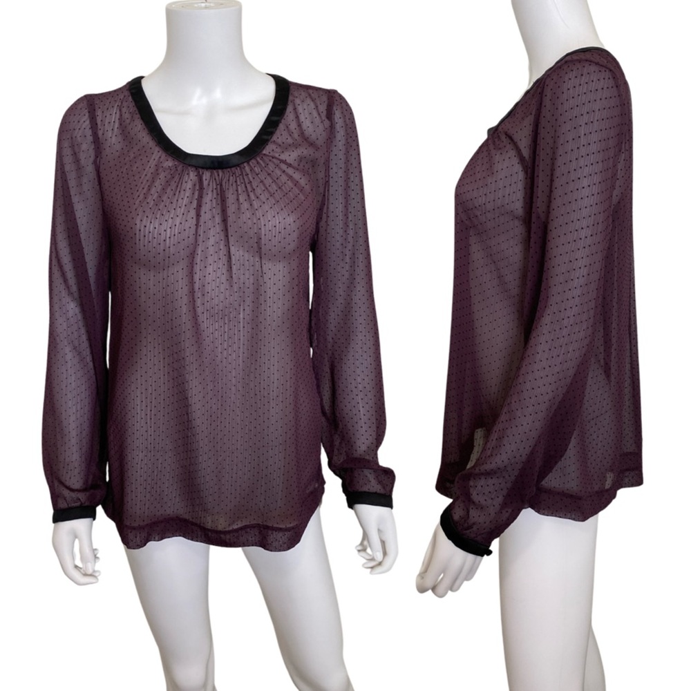 Purple Polka Dot Sheer Long Sleeve Satin Trim Blouse